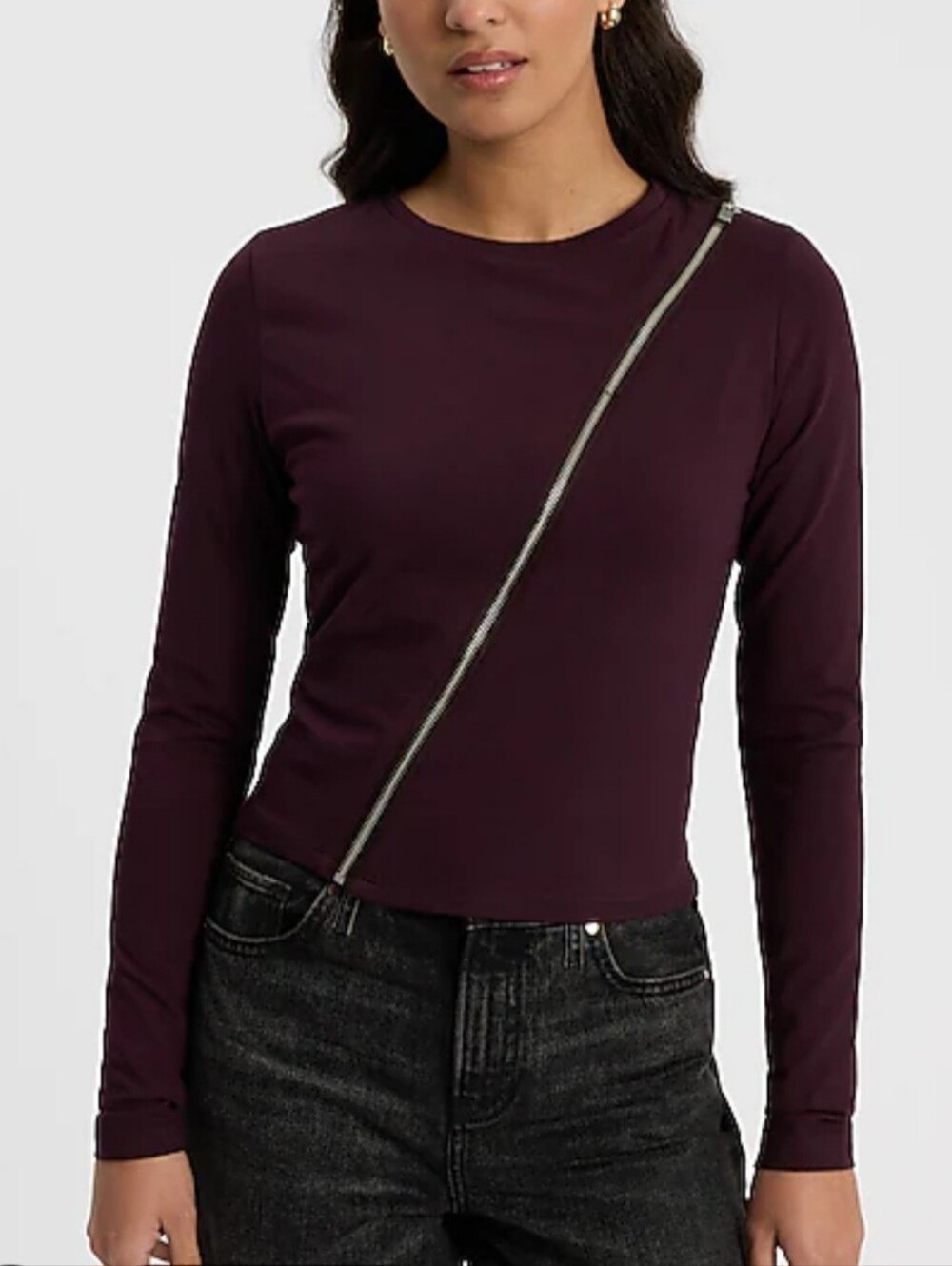 Express Body Contour Stretch Cotton Asymmetrical Zip Long Sleeve Tee New Merlot